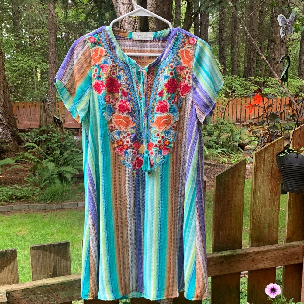 Impressions Multicolor Striped Mini Dress with Floral Embroidered Yoke